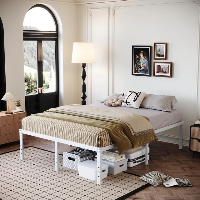Alt view image 5 of 7 - 18 Inch White Full Size Bed Frame with High Storage | Steel Slats Platform No Box Spring Needed Mattress Foundation, Easy Assembly, Noise Free