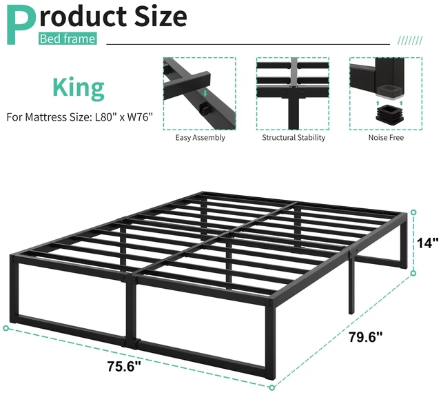 Alt view image 2 of 7 - 14 Inch King Bed Frame with Heavy Duty Steel Slat Support | Sturdy Mattress Foundation, Metal Platform No Box Spring Needed, Noise Free, Easy Assembly, Black