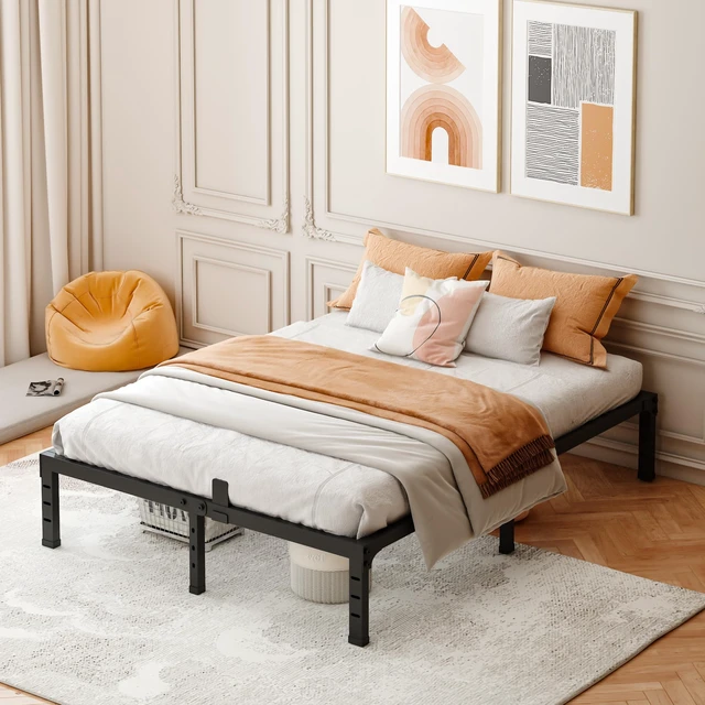 Alt view image 2 of 7 - Queen Bed Frame,14 Inch Heavy Duty Metal Platform Bed Frame Queen Size Support Up to 3500 lbs,No Box Spring Needed,Headboard Holes,Steel Slat Support,Noise Free,Easy Assembly