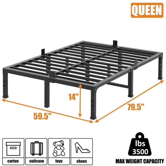Alt view image 3 of 7 - Queen Bed Frame,14 Inch Heavy Duty Metal Platform Bed Frame Queen Size Support Up to 3500 lbs,No Box Spring Needed,Headboard Holes,Steel Slat Support,Noise Free,Easy Assembly