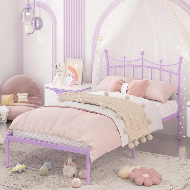 Main image of Twin Bed Frames for Kids, Princess Bed with Crown-Shaped Headboard, Purple | Twin Size Bed for Girls Adults Heavy Duty Sturdy Metal Platform Under Bed Storage Space No Box Spring Needed Easy Assembly