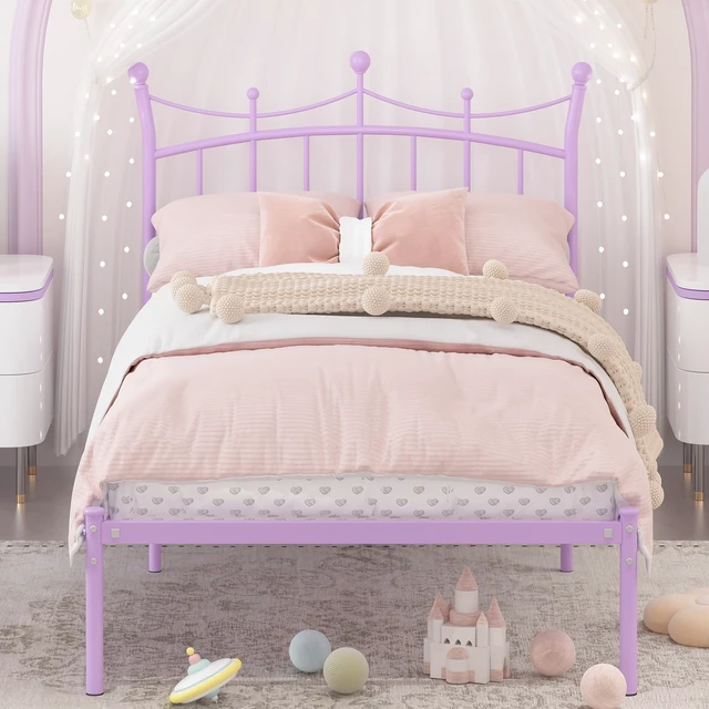 Alt view image 2 of 7 - Twin Bed Frames for Kids, Princess Bed with Crown-Shaped Headboard, Purple | Twin Size Bed for Girls Adults Heavy Duty Sturdy Metal Platform Under Bed Storage Space No Box Spring Needed Easy Assembly