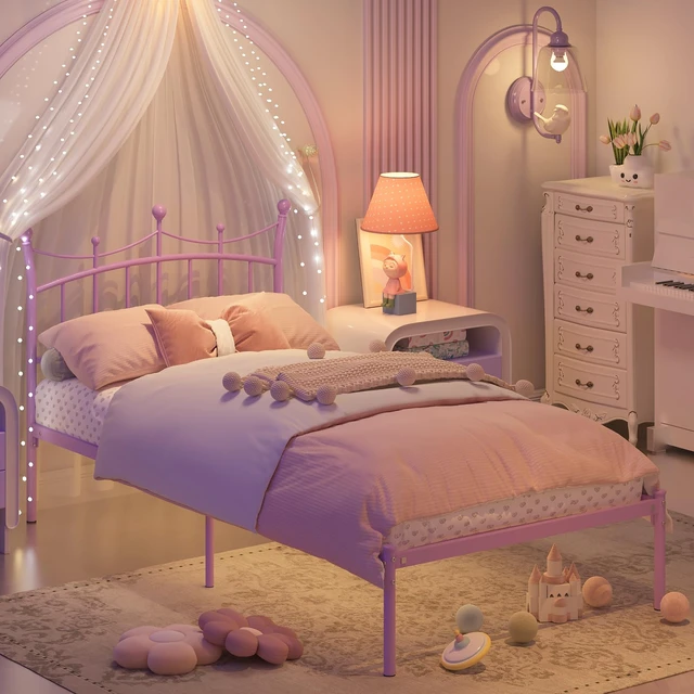 Alt view image 3 of 7 - Twin Bed Frames for Kids, Princess Bed with Crown-Shaped Headboard, Purple | Twin Size Bed for Girls Adults Heavy Duty Sturdy Metal Platform Under Bed Storage Space No Box Spring Needed Easy Assembly
