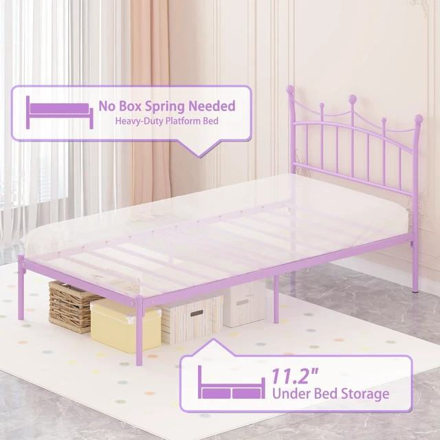 Alt view image 4 of 7 - Twin Bed Frames for Kids, Princess Bed with Crown-Shaped Headboard, Purple | Twin Size Bed for Girls Adults Heavy Duty Sturdy Metal Platform Under Bed Storage Space No Box Spring Needed Easy Assembly