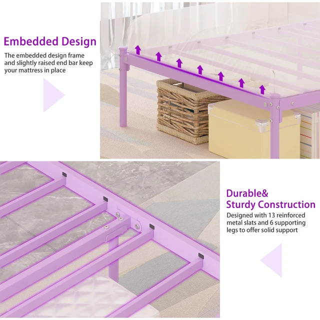 Alt view image 5 of 7 - Twin Bed Frames for Kids, Princess Bed with Crown-Shaped Headboard, Purple | Twin Size Bed for Girls Adults Heavy Duty Sturdy Metal Platform Under Bed Storage Space No Box Spring Needed Easy Assembly