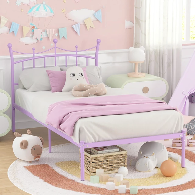 Alt view image 6 of 7 - Twin Bed Frames for Kids, Princess Bed with Crown-Shaped Headboard, Purple | Twin Size Bed for Girls Adults Heavy Duty Sturdy Metal Platform Under Bed Storage Space No Box Spring Needed Easy Assembly