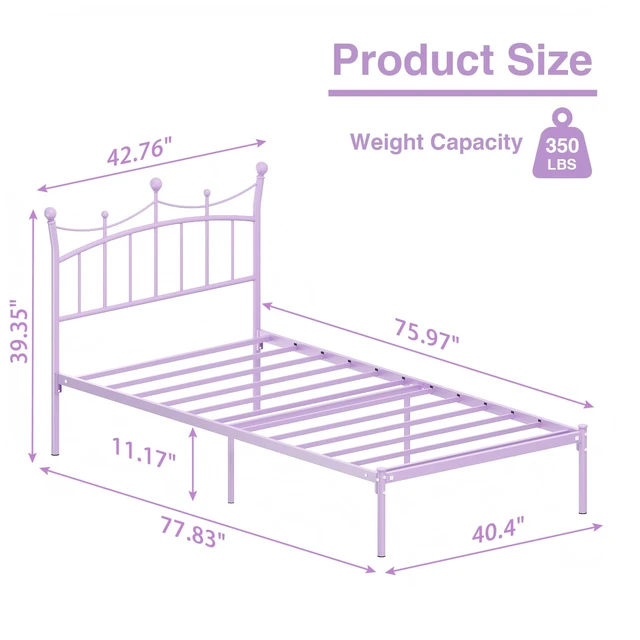 Alt view image 7 of 7 - Twin Bed Frames for Kids, Princess Bed with Crown-Shaped Headboard, Purple | Twin Size Bed for Girls Adults Heavy Duty Sturdy Metal Platform Under Bed Storage Space No Box Spring Needed Easy Assembly