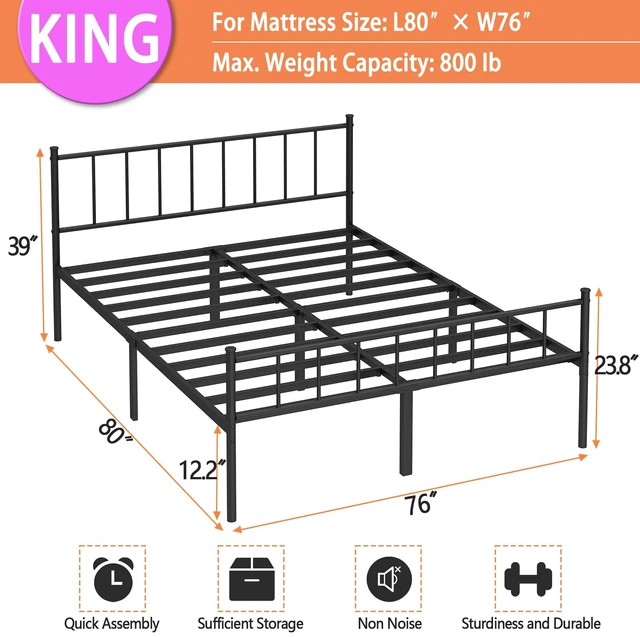 Alt view image 4 of 7 - King Metal Bed Frame,Steel Slat Support,Noise Free,Easy Assembly | King Size Bed,Mattress Foundation,Underbed Storage,No Box Spring Needed