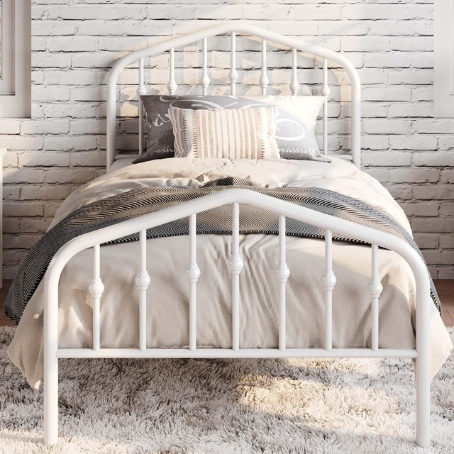 Main image of Twin Size Metal Bed Frame with Wrought Iron-Art Headboard, White | Victorian Style Metal Platform Bed Frame, Wrought Iron-Art Headboard and Footboard, Under-Bed Storage, No Box Spring Needed