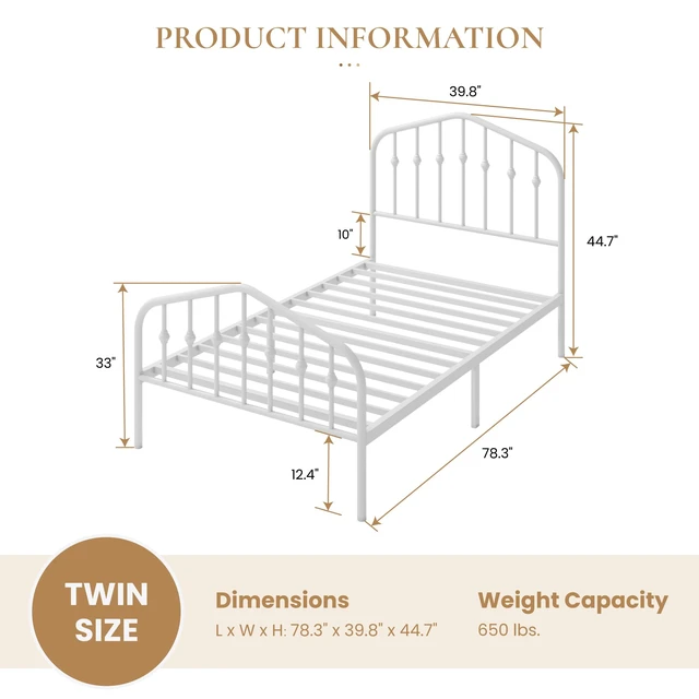 Alt view image 6 of 6 - Twin Size Metal Bed Frame with Wrought Iron-Art Headboard, White | Victorian Style Metal Platform Bed Frame, Wrought Iron-Art Headboard and Footboard, Under-Bed Storage, No Box Spring Needed