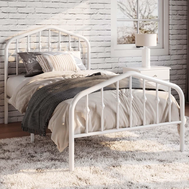 Alt view image 2 of 6 - Twin Size Metal Bed Frame with Wrought Iron-Art Headboard, White | Victorian Style Metal Platform Bed Frame, Wrought Iron-Art Headboard and Footboard, Under-Bed Storage, No Box Spring Needed