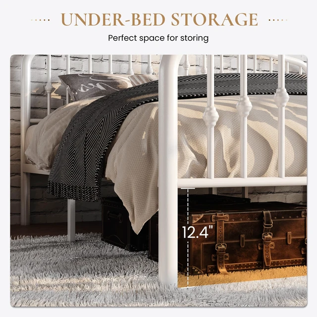 Alt view image 4 of 6 - Twin Size Metal Bed Frame with Wrought Iron-Art Headboard, White | Victorian Style Metal Platform Bed Frame, Wrought Iron-Art Headboard and Footboard, Under-Bed Storage, No Box Spring Needed