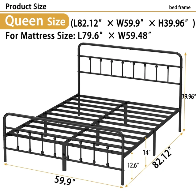 Alt view image 2 of 7 - Queen Metal Bed Frame with Victorian Headboard & Footboard, Black | 14" Queen Metal Platform Frame, Heavy Duty Steel Slat Support, Noise Free, No Box Spring Needed, Easy Disassembly & Transport