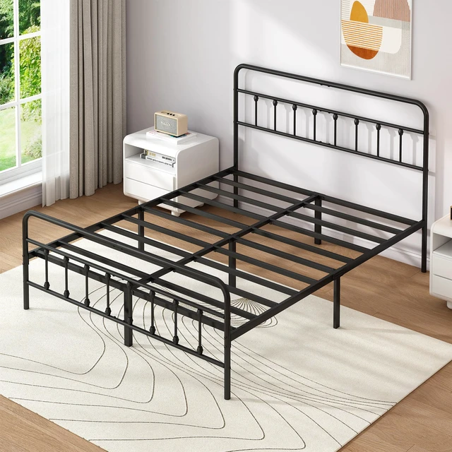 Alt view image 3 of 7 - Queen Metal Bed Frame with Victorian Headboard & Footboard, Black | 14" Queen Metal Platform Frame, Heavy Duty Steel Slat Support, Noise Free, No Box Spring Needed, Easy Disassembly & Transport