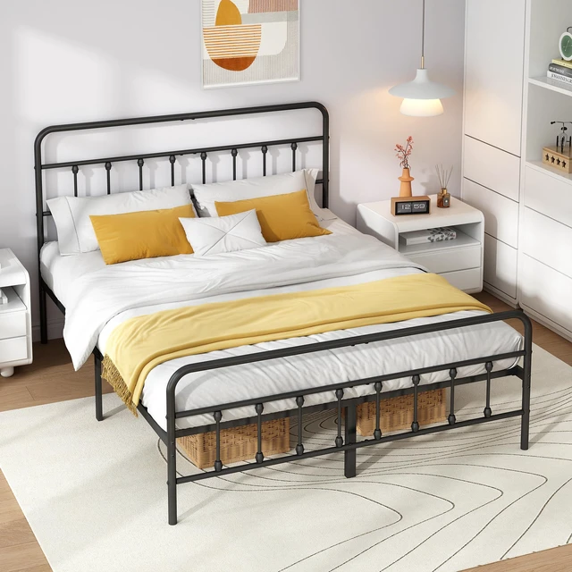 Alt view image 4 of 7 - Queen Metal Bed Frame with Victorian Headboard & Footboard, Black | 14" Queen Metal Platform Frame, Heavy Duty Steel Slat Support, Noise Free, No Box Spring Needed, Easy Disassembly & Transport
