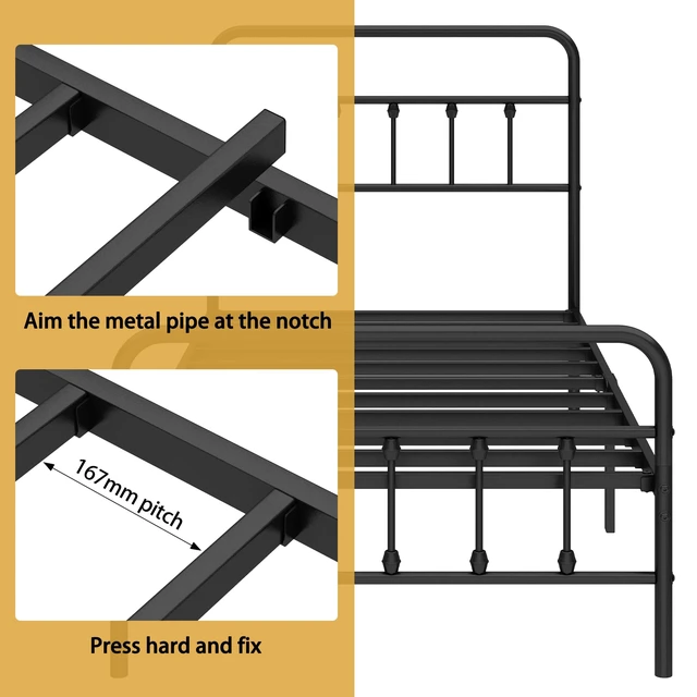 Alt view image 5 of 7 - Queen Metal Bed Frame with Victorian Headboard & Footboard, Black | 14" Queen Metal Platform Frame, Heavy Duty Steel Slat Support, Noise Free, No Box Spring Needed, Easy Disassembly & Transport