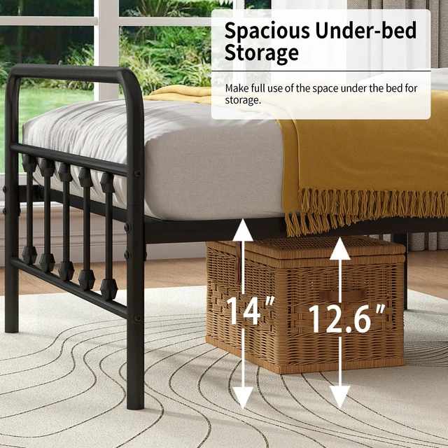 Alt view image 6 of 7 - Queen Metal Bed Frame with Victorian Headboard & Footboard, Black | 14" Queen Metal Platform Frame, Heavy Duty Steel Slat Support, Noise Free, No Box Spring Needed, Easy Disassembly & Transport