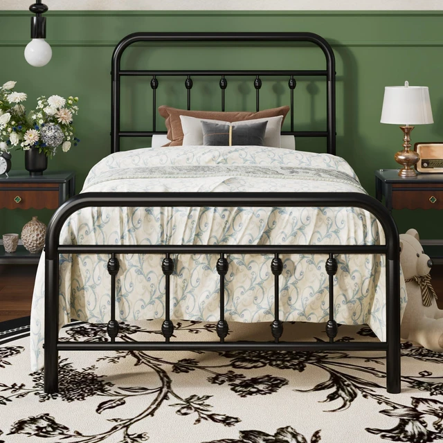 Main image of Twin Metal Bed Frame with Victorian Iron-Art Headboard, Black | Victorian Iron-Art Headboard and Footboard, Easy Assembly, Under Bed Storage, No Box Spring Required