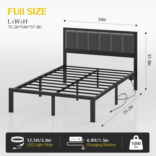 Alt view image 2 of 7 - Full Bed Frame with Headboard, Smart LED & Charging Station | Metal Platform Bed Full Size with LED, USB Charging & Upholstered Headboard, 1,000 lbs Weight Capacity, No Box Spring Needed