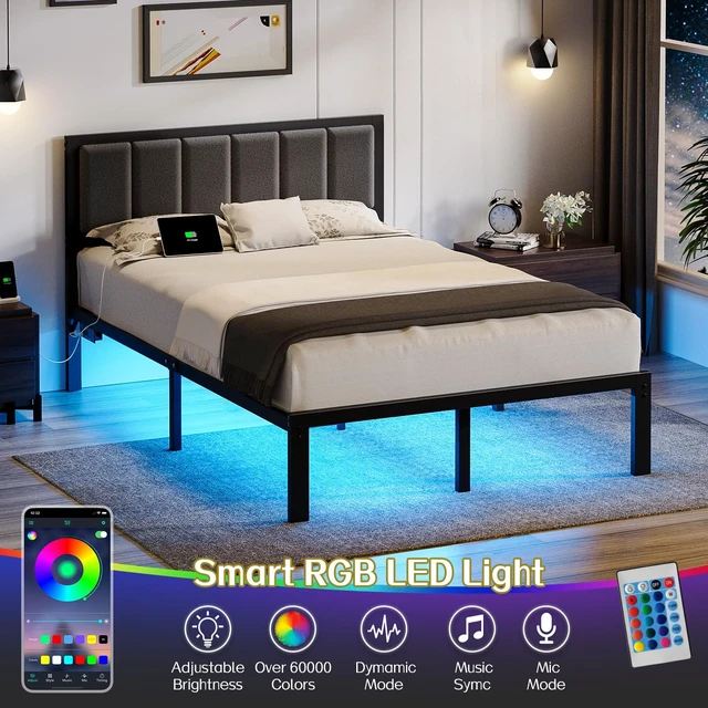 Alt view image 3 of 7 - Full Bed Frame with Headboard, Smart LED & Charging Station | Metal Platform Bed Full Size with LED, USB Charging & Upholstered Headboard, 1,000 lbs Weight Capacity, No Box Spring Needed
