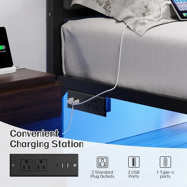 Alt view image 5 of 7 - Full Bed Frame with Headboard, Smart LED & Charging Station | Metal Platform Bed Full Size with LED, USB Charging & Upholstered Headboard, 1,000 lbs Weight Capacity, No Box Spring Needed