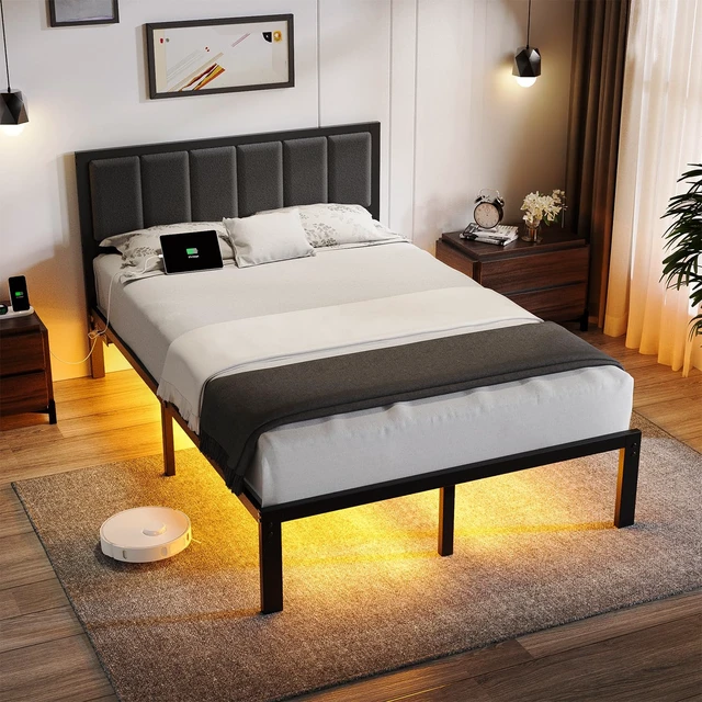 Alt view image 7 of 7 - Full Bed Frame with Headboard, Smart LED & Charging Station | Metal Platform Bed Full Size with LED, USB Charging & Upholstered Headboard, 1,000 lbs Weight Capacity, No Box Spring Needed