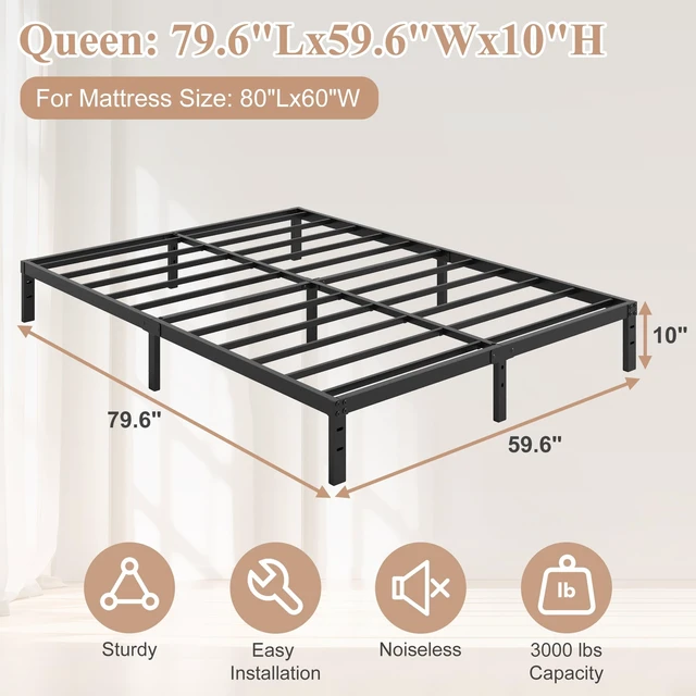 Alt view image 2 of 7 - 10 Inch Queen Bed Frame, Queen Size Bed Frame No Box Spring Needed | Heavy Duty Metal Platform Mattress Foundation with Steel Slats, Non-slip Noise Free Easy Assembly Black