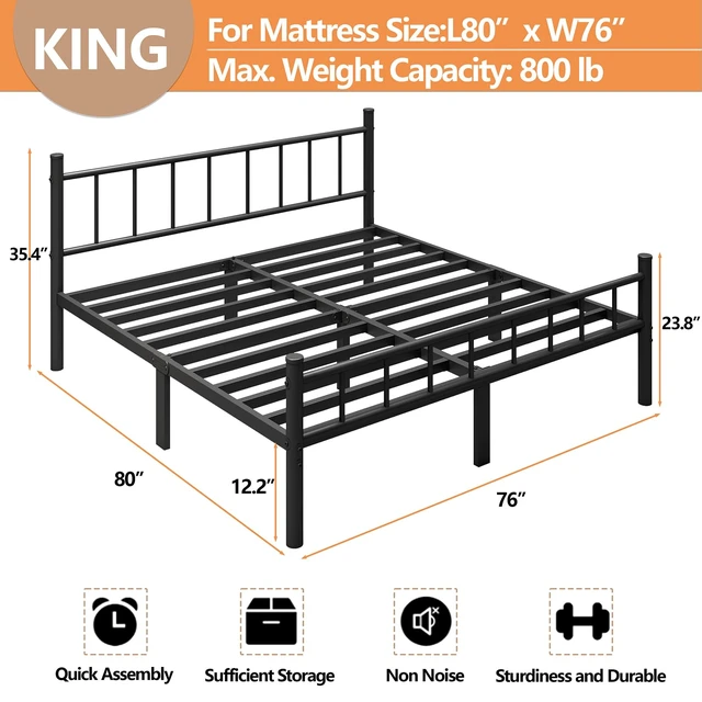 Alt view image 3 of 7 - King Metal Bed Frame with Headboard and Footboard Steel Slat Support | King Size Platform Bedframe Mattress Foundation, No Boxing Spring Needed, Under Bed Storage Easy Assembly, Black