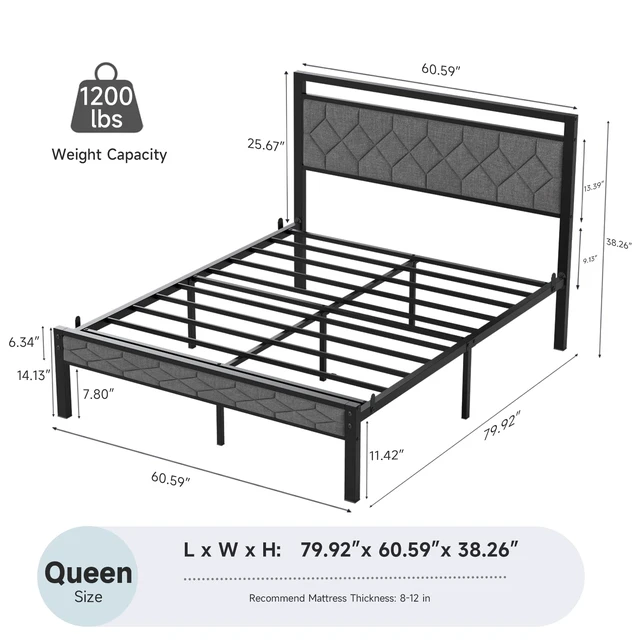 Alt view image 2 of 7 - Easy Assembly Upholstered Queen Bed Frame&Soft Padded Headboard | Metal Platform Bed Frame,Modern Linen Fabric,Soft Padded Headboard,Noise-Free Sturdy Metal Support,No Box Spring Needed