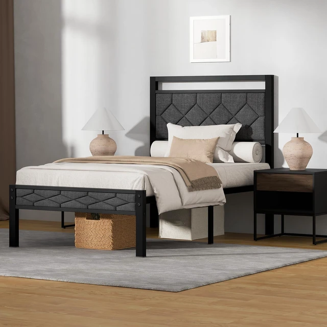Alt view image 3 of 7 - Easy Assembly Upholstered Queen Bed Frame&Soft Padded Headboard | Metal Platform Bed Frame,Modern Linen Fabric,Soft Padded Headboard,Noise-Free Sturdy Metal Support,No Box Spring Needed