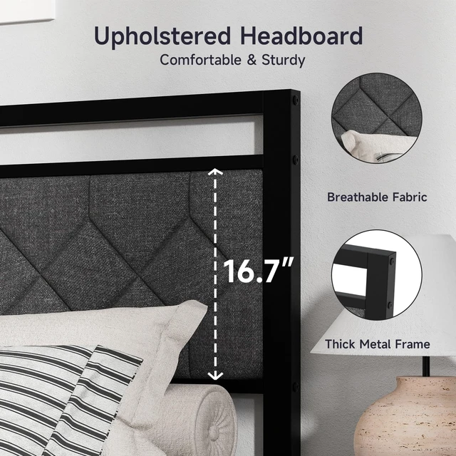 Alt view image 4 of 7 - Easy Assembly Upholstered Queen Bed Frame&Soft Padded Headboard | Metal Platform Bed Frame,Modern Linen Fabric,Soft Padded Headboard,Noise-Free Sturdy Metal Support,No Box Spring Needed