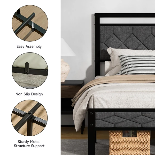 Alt view image 6 of 7 - Easy Assembly Upholstered Queen Bed Frame&Soft Padded Headboard | Metal Platform Bed Frame,Modern Linen Fabric,Soft Padded Headboard,Noise-Free Sturdy Metal Support,No Box Spring Needed