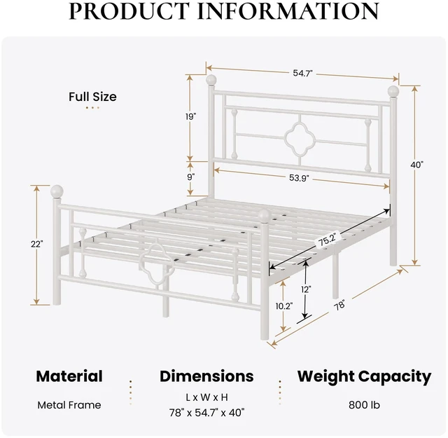 Alt view image 2 of 7 - 14 Inches Full Size Metal Platform Bed Frame/Vintage Iron-Art Headboard and Footboard/Mattress Foundation for Storage/No Box Spring Needed/Noise-Free/Easy Assembly/White