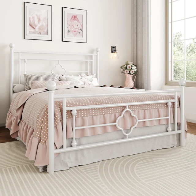 Alt view image 3 of 7 - 14 Inches Full Size Metal Platform Bed Frame/Vintage Iron-Art Headboard and Footboard/Mattress Foundation for Storage/No Box Spring Needed/Noise-Free/Easy Assembly/White