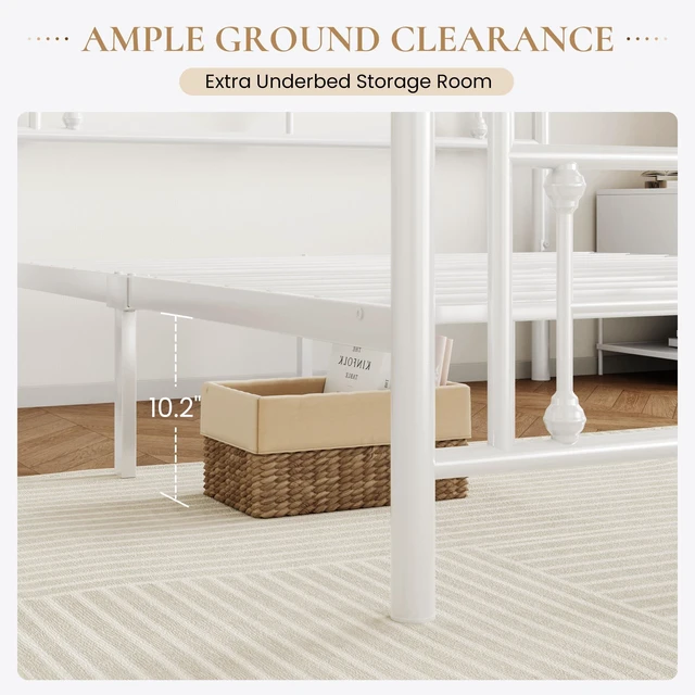 Alt view image 5 of 7 - 14 Inches Full Size Metal Platform Bed Frame/Vintage Iron-Art Headboard and Footboard/Mattress Foundation for Storage/No Box Spring Needed/Noise-Free/Easy Assembly/White