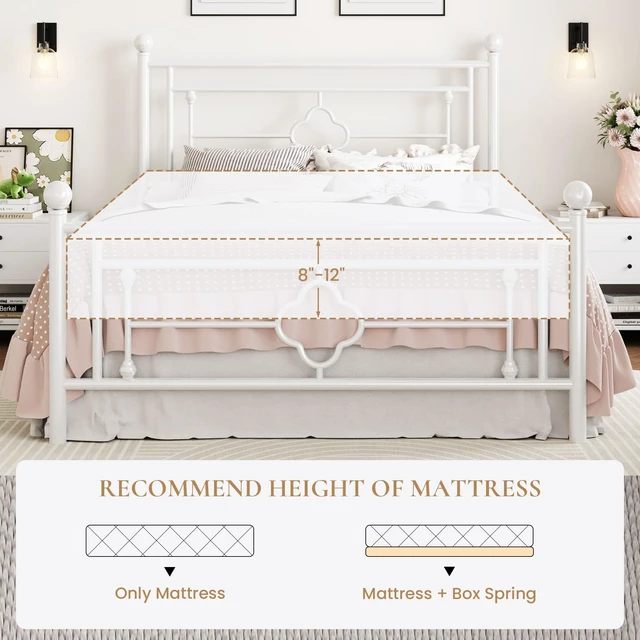 Alt view image 7 of 7 - 14 Inches Full Size Metal Platform Bed Frame/Vintage Iron-Art Headboard and Footboard/Mattress Foundation for Storage/No Box Spring Needed/Noise-Free/Easy Assembly/White