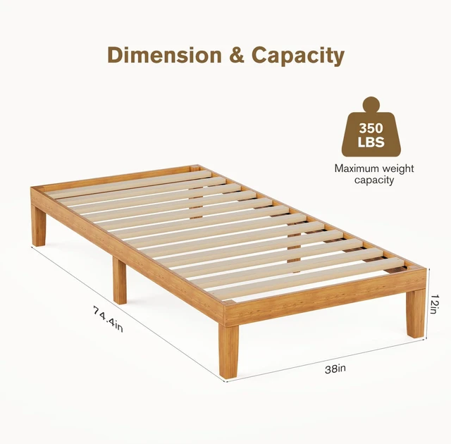 Alt view image 2 of 7 - Twin Size Bed Frames, 12 Inch Height Wood Platform Bed Frame | Twin Size Bed Frame 12 Inch Platform Bedframe, 500 Lbs Capacity, Underbed Storage, No Box Spring Needed, Honey solid wood