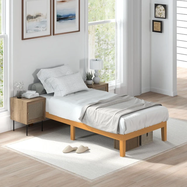 Alt view image 5 of 7 - Twin Size Bed Frames, 12 Inch Height Wood Platform Bed Frame | Twin Size Bed Frame 12 Inch Platform Bedframe, 500 Lbs Capacity, Underbed Storage, No Box Spring Needed, Honey solid wood