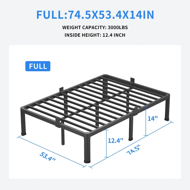 Alt view image 2 of 7 - 14 Inch Full Size Metal Platform Bed Frame with Round Corner Legs | Mattress Baffle, 3000 LBS Heavy Duty Steel Slat Support, Noise Free, No Box Spring Needed, Easy Assembly, 12.4" Storage Space