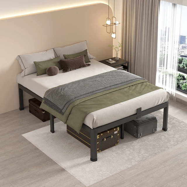 Alt view image 6 of 7 - 14 Inch Full Size Metal Platform Bed Frame with Round Corner Legs | Mattress Baffle, 3000 LBS Heavy Duty Steel Slat Support, Noise Free, No Box Spring Needed, Easy Assembly, 12.4" Storage Space