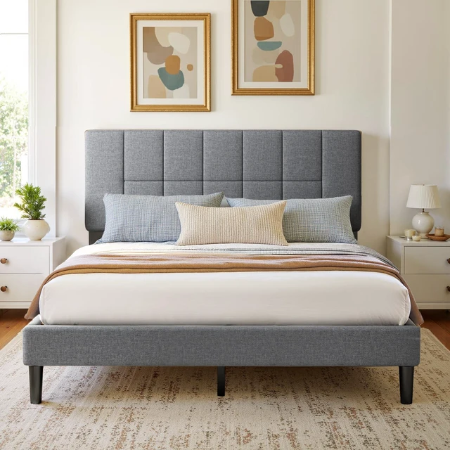 Main image of Upholstered Queen Bed Frame with Headboard, Modern Bed Frame, Gray | Queen Platform Bed Frame, Sturdy Bed Frame with 12 slats & 1300 lbs Capacity, 6"-14" Mattress Fit, Easy Assembly, Queen Bed