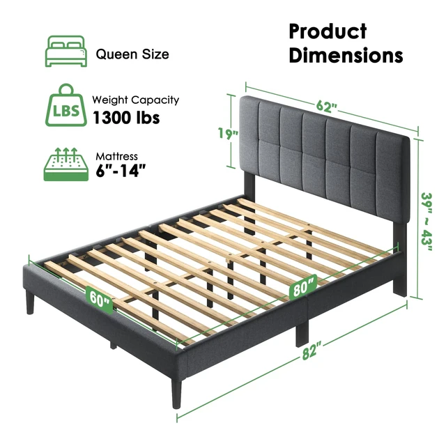 Alt view image 2 of 7 - Upholstered Queen Bed Frame with Headboard, Modern Bed Frame, Gray | Queen Platform Bed Frame, Sturdy Bed Frame with 12 slats & 1300 lbs Capacity, 6"-14" Mattress Fit, Easy Assembly, Queen Bed