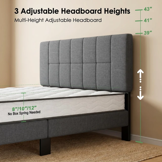 Alt view image 3 of 7 - Upholstered Queen Bed Frame with Headboard, Modern Bed Frame, Gray | Queen Platform Bed Frame, Sturdy Bed Frame with 12 slats & 1300 lbs Capacity, 6"-14" Mattress Fit, Easy Assembly, Queen Bed
