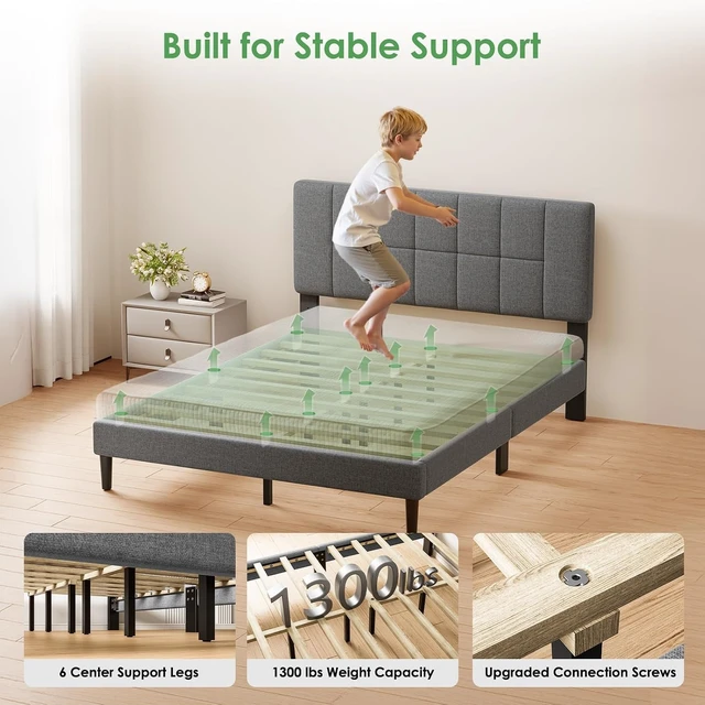 Alt view image 6 of 7 - Upholstered Queen Bed Frame with Headboard, Modern Bed Frame, Gray | Queen Platform Bed Frame, Sturdy Bed Frame with 12 slats & 1300 lbs Capacity, 6"-14" Mattress Fit, Easy Assembly, Queen Bed