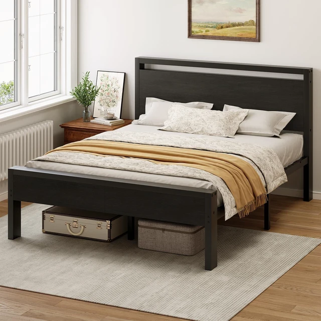 Main image of 14 Inch Queen Bed Frame with Wood Headboard, Black | Heavy-Duty Metal Platform With 1000Lbs Capacity, No Box Spring Needed, Noise-Free, Easy Assembly Design
