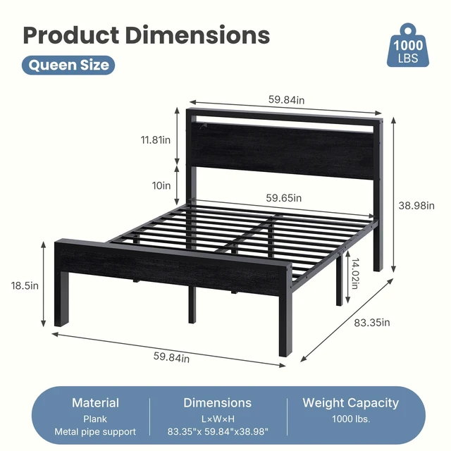Alt view image 2 of 7 - 14 Inch Queen Bed Frame with Wood Headboard, Black | Heavy-Duty Metal Platform With 1000Lbs Capacity, No Box Spring Needed, Noise-Free, Easy Assembly Design
