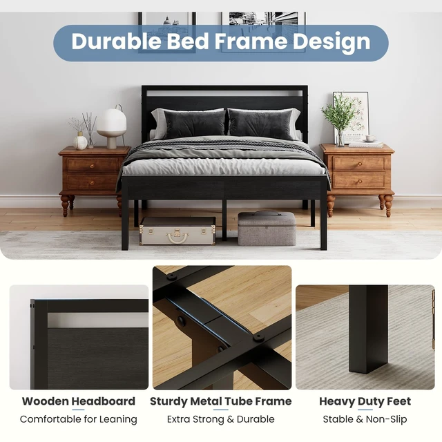 Alt view image 4 of 7 - 14 Inch Queen Bed Frame with Wood Headboard, Black | Heavy-Duty Metal Platform With 1000Lbs Capacity, No Box Spring Needed, Noise-Free, Easy Assembly Design