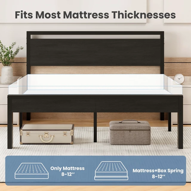Alt view image 6 of 7 - 14 Inch Queen Bed Frame with Wood Headboard, Black | Heavy-Duty Metal Platform With 1000Lbs Capacity, No Box Spring Needed, Noise-Free, Easy Assembly Design