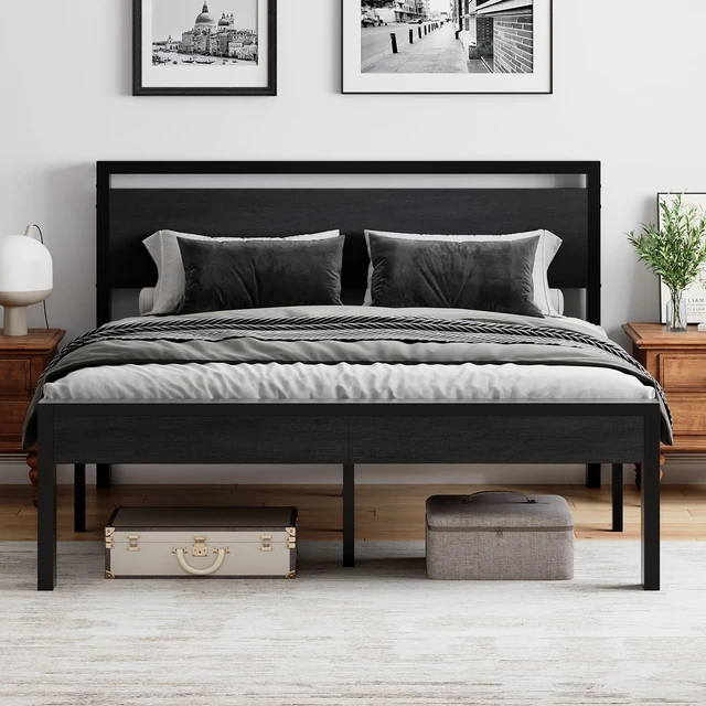 Alt view image 7 of 7 - 14 Inch Queen Bed Frame with Wood Headboard, Black | Heavy-Duty Metal Platform With 1000Lbs Capacity, No Box Spring Needed, Noise-Free, Easy Assembly Design