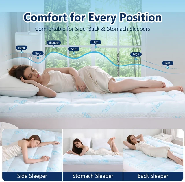 Alt view image 6 of 7 - 100% Waterproof Queen Mattress Topper, Viscose Derived from Bamboo | Cooling Pillow Top Memory Foam Mattress Topper for Hot Sleepers, Deep Pocket Fits 8-21 Inch